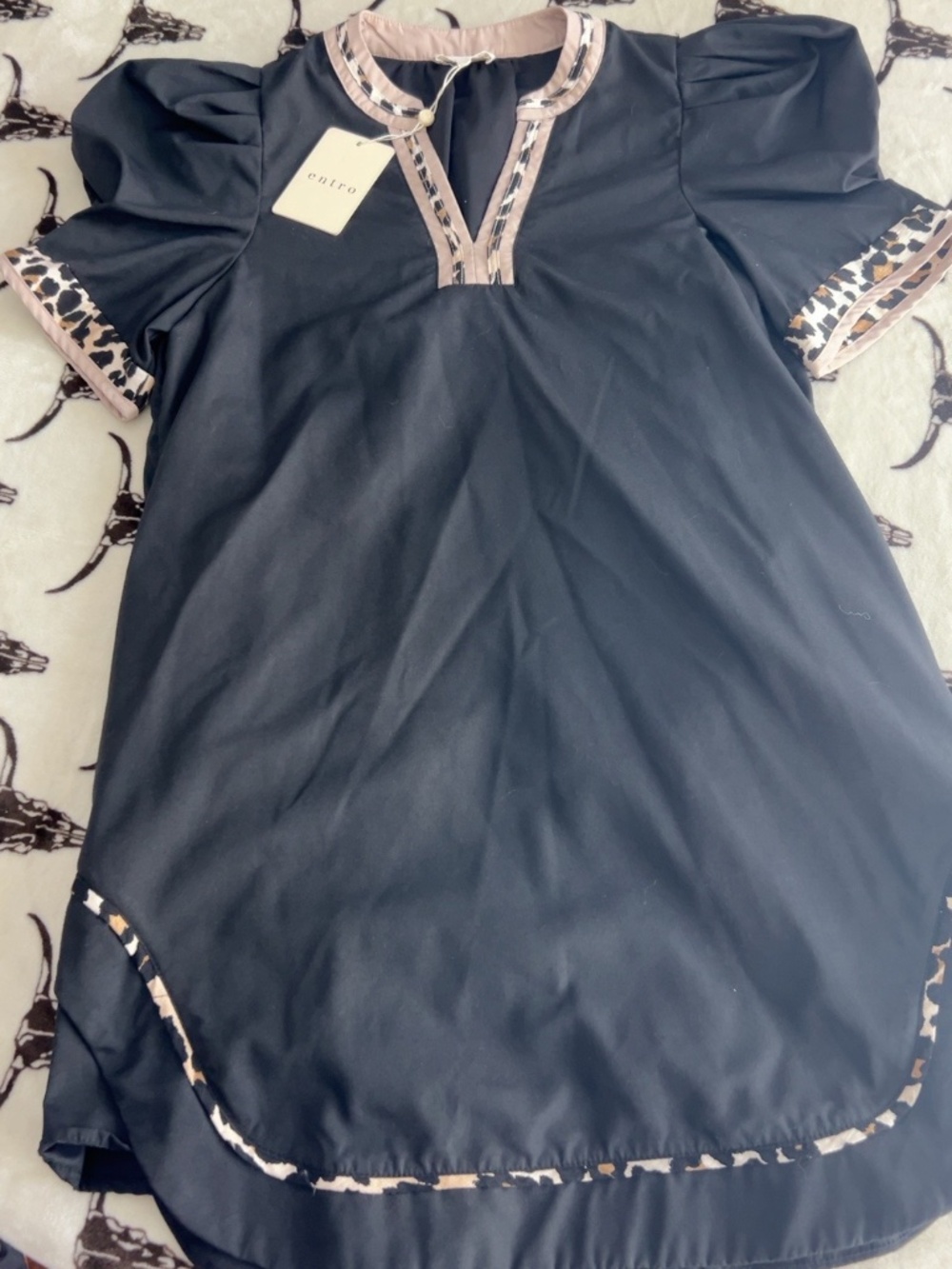 NWT Entro Black Leopard Trim Puff Sleeve Tunic Mini Dress Size S